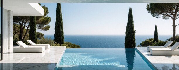 Fototapeta premium Luxury infinity pool at villa overlooks blue sea. Modern loungers offer relaxation by clear water. Green cypress trees frame ocean view from terrace.