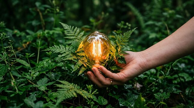 Hand holding glowing light bulb surrounded by fresh fern leaves in forest
