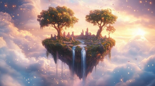 floating island with two large trees and a small city skyline, waterfalls cascading into clouds at glowing sunset, birds in the sky, dreamy serene magical atmosphere