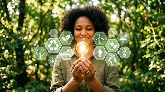 Woman holding glowing light bulb with floating green energy holographic icons