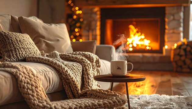 Cozy living room with warm fireplace, soft blanket and hot drink, autumn winter lifestyle, copy space