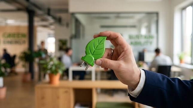 Eco friendly business concept hand holding green leaf symbol office background