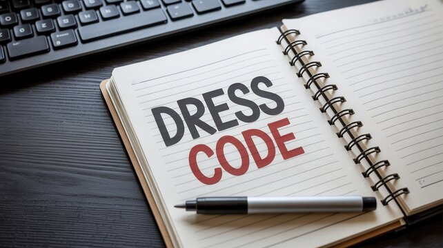 Dress code written in bold black and red ink on white notebook pages placed beside keyboard on dark wooden desk