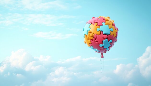 Colorful jigsaw puzzle balloon made of interlocking pieces floating above fluffy clouds in a bright sky, playful and uplifting mood
