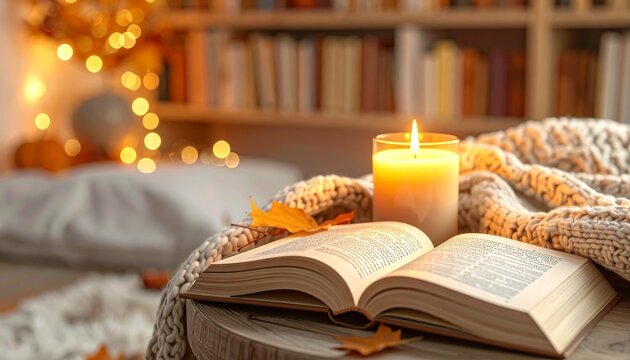 Cozy reading corner with lit candle, open book and knit blanket, autumn evening, copy space