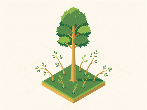 Tree standing tall among leaning distracted sprouts staying grounded concept isometric vector art