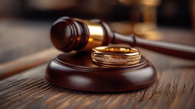 wooden judge gavel and sound block with a gold wedding band resting on a textured wooden table, evoking solemn legal judgment and emotional separation