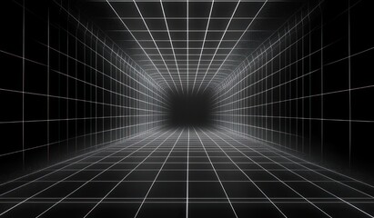 Naklejka premium dark empty tunnel formed by glowing white grid lines on floor walls and ceiling receding to a distant vanishing point, a futuristic eerie digital corridor conveying isolation and depth