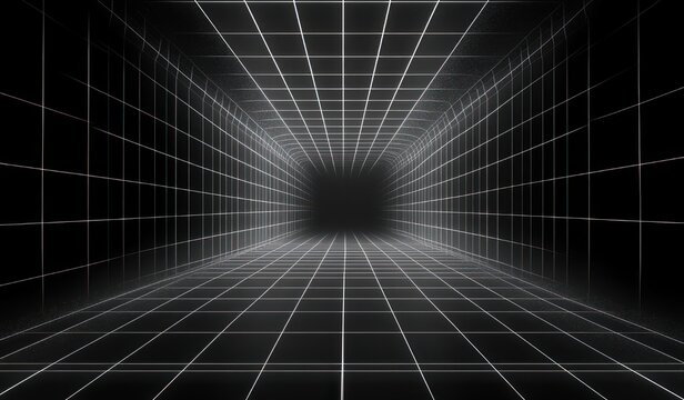 dark empty tunnel formed by glowing white grid lines on floor walls and ceiling receding to a distant vanishing point, a futuristic eerie digital corridor conveying isolation and depth