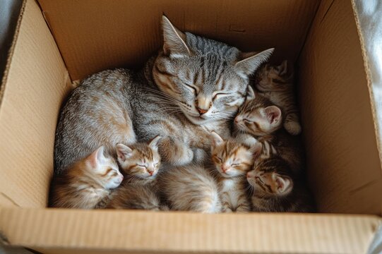 Peaceful tabby mother cat and sleeping kittens nestled together in a cardboard box, cozy warm family cuddle