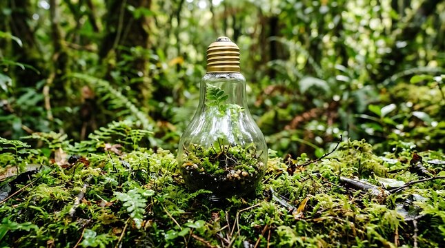 Light bulb containing growing plant ecosystem resting on lush green moss