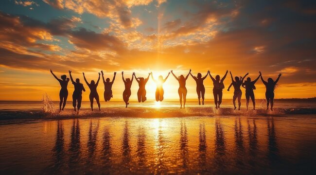 silhouetted group holding hands and jumping on a beach at golden sunset, joyful celebration and reflections on wet sand
