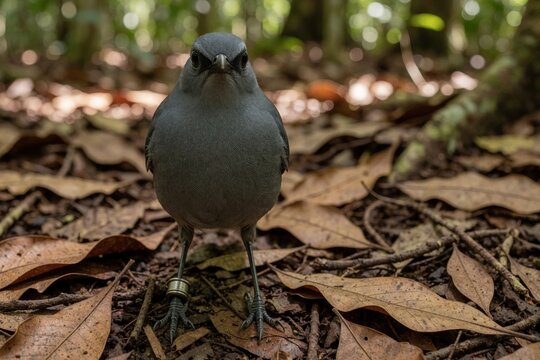 Macuco bird stands on forest floor covered in dry leaves. Close up front view shows grey plumage, metal leg band for research. Small wild animal lives in tropical jungle habitat for nature