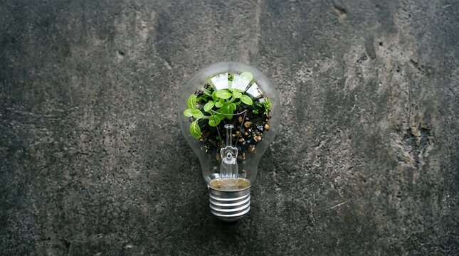 Light bulb with small plant growing inside placed on dark textured concrete