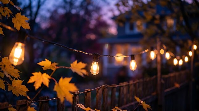 String lights and maple leaves at twilight