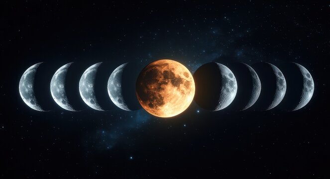 symmetrical sequence of moon phases across a starry night sky with a glowing central blood moon evoking mystery and cosmic wonder