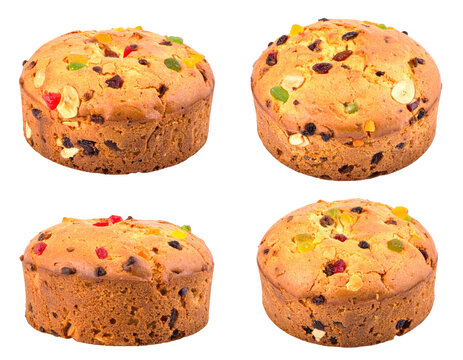 Four Delicious Fruitcakes Displayed Against a Transparent Background Showing Various Angles with Candied Fruits and Nuts