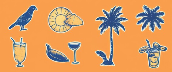 Fototapeta premium Playful retro tropical sticker set showing a perched bird, sun with cloud, a seashell, two palm tree designs and two cocktails evoking relaxed summer vibes