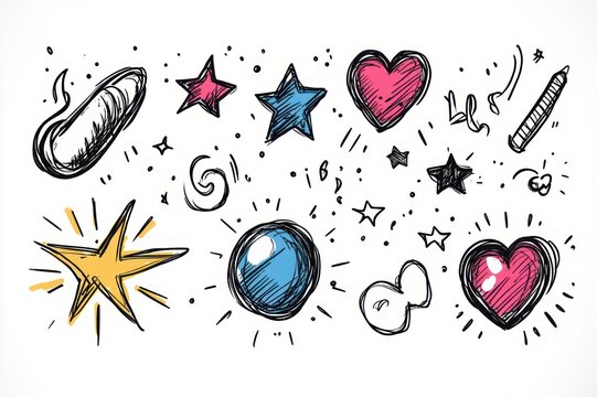 playful hand-drawn colorful doodles of stars, hearts, a blue orb, swirls, sparkles, a pencil and confetti on a white background, joyful whimsical sketch