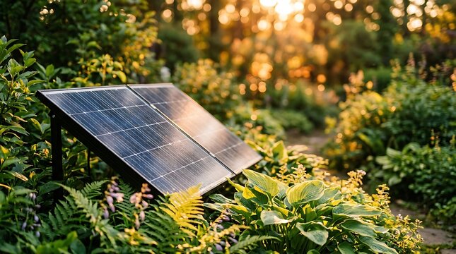 Small solar panel standing outdoors surrounded by green plants and foliage