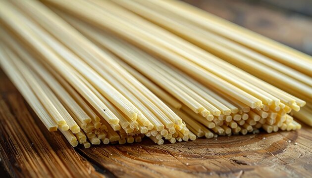 Close up of dry uncooked spaghetti noodles on wood.
