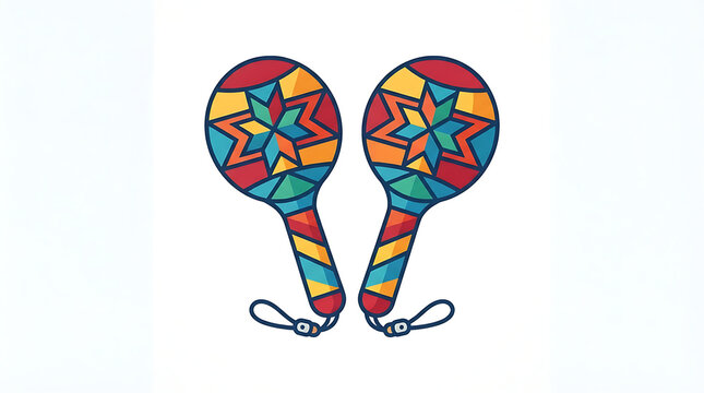 Colorful pair of festive musical maracas featuring geometric patterns isolated on a clean white background