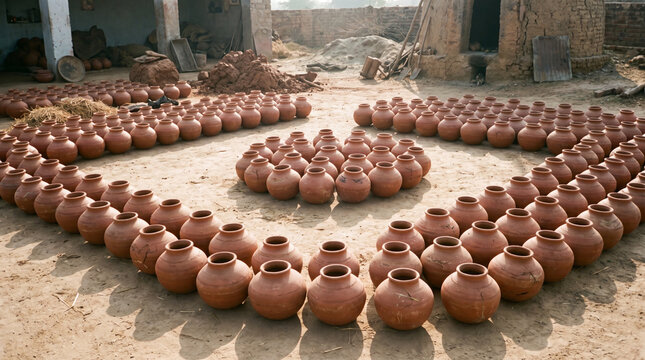 Handmade clay pots drying in rows outdoors at a traditional pottery workshop yard with handmade workshop traditional container industry production heritage arrangement sculpture material