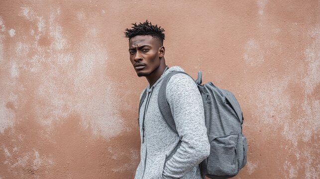 Stylish young African man wearing a casual grey hoodie and backpack looking at camera with a focused serious facial expression