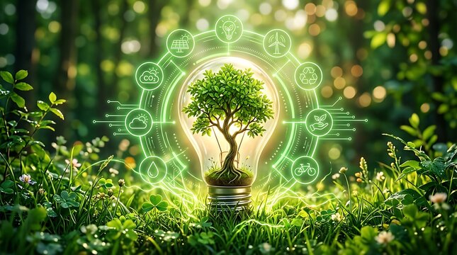 Eco friendly green energy concept light bulb with tree and digital symbols