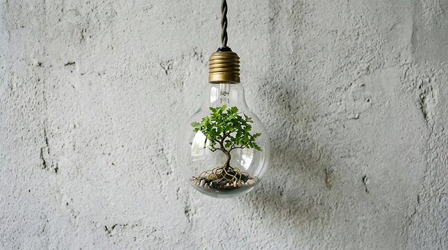 Small green tree growing inside hanging glass light bulb against concrete wall