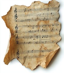 Naklejka premium torn stained vintage sheet music with treble clefs, musical notes and staff lines on crumpled aged paper, nostalgic and weathered