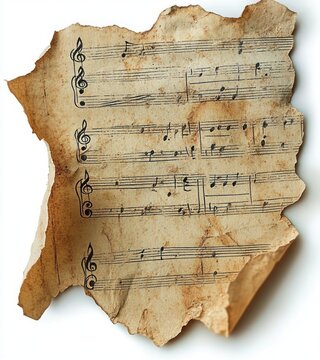 torn stained vintage sheet music with treble clefs, musical notes and staff lines on crumpled aged paper, nostalgic and weathered