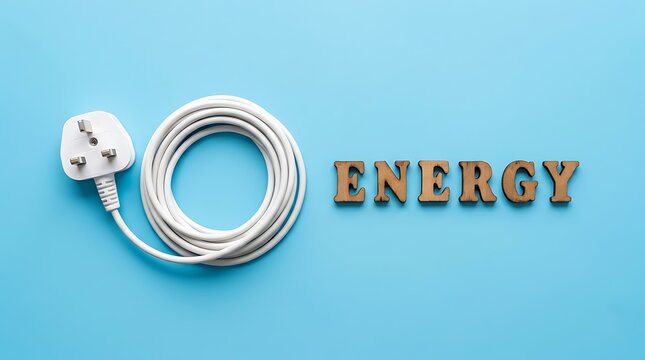 White electrical power cord coiled neatly next to wooden energy letters