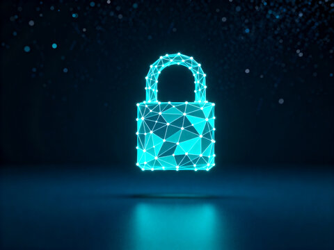 Glowing cyan security padlock with soft reflection
