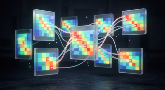 Attention maps: multi‑head attention patterns reveal dependencies; transformer visualized.
