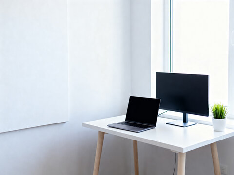 Minimal home workspace in soft overexposed daylight