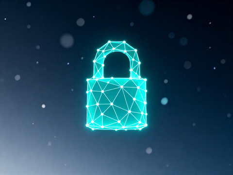 Cyan polygonal padlock on dark blue gradient background