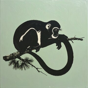 Black and white illustration of a monkey on a pine branch.