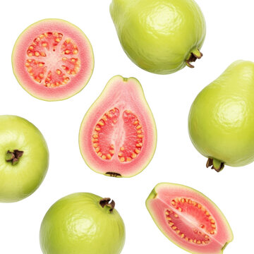 Vibrant Guava Arrangement with Pink Flesh Slices and Green Whole Fruits against Transparent Background