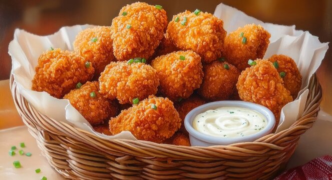 crispy golden breaded bite-sized chicken bites in a wicker basket on paper liner with creamy dipping sauce and chive garnish, appetizing comfort snack