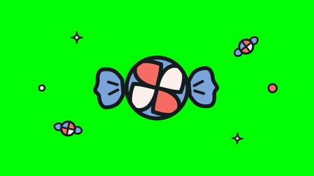 Cute 2D hand-drawn animation of a colorful wrapped candy floating on green screen background