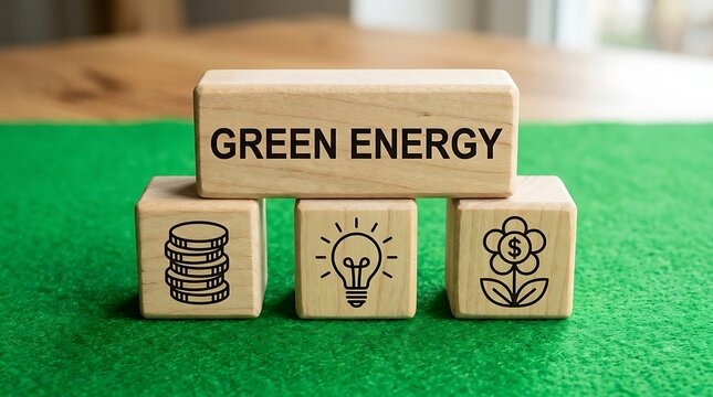 Wooden blocks with green energy text and icons on green background, sustainable
