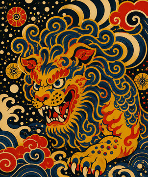 Japanese-Style Golden Lion with Red and Blue Waves

