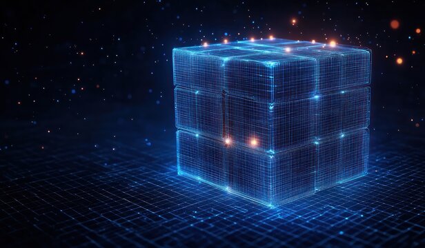 Glowing holographic wireframe cube made of smaller illuminated blocks, floating above a neon grid in a dark digital space with orange sparks, mysterious and futuristic mood
