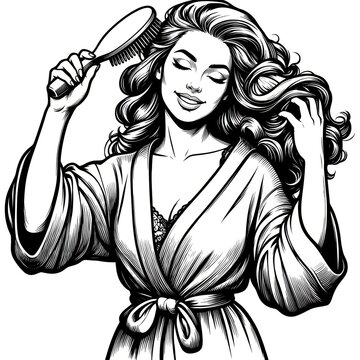 Black and White Scratchboard Illustration of Smiling Woman in Robe Brushing Hair &ndash; Vintage Beauty Engraving