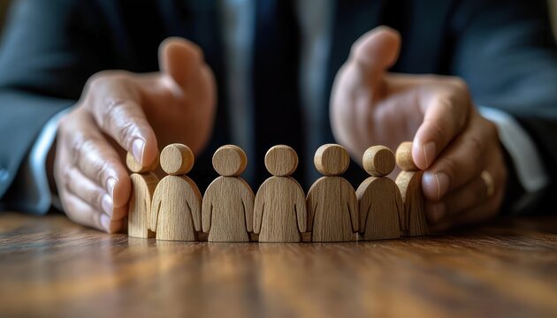 person in a suit&rsquo;s hands shielding a row of wooden human figures on a table, suggesting protection, unity and care