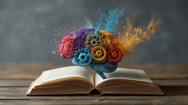 Human brain shaped mechanism with colorful gears and vibrant pigment explosions floating elegantly above an open weathered antique hardcover book