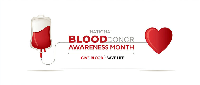 National Blood Donor Awareness Month graphic with blood bag and heart
