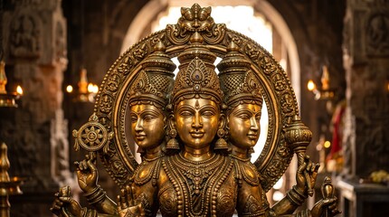 Obraz premium Close-Up of Ornate Faces on Gayatri Devi Brass Statue Intricate Temple Art Photography