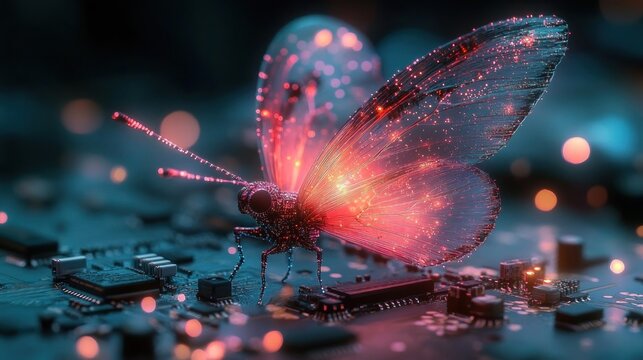 glowing bioluminescent butterfly perched on a neon-lit circuit board with translucent spark-filled wings over microchips, a surreal futuristic scene evoking wonder and curiosity